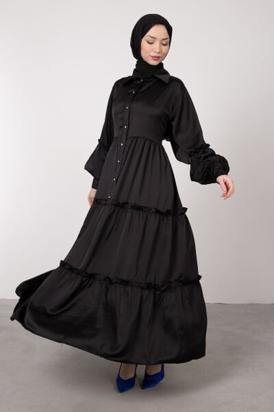 Minimalist Fırfırlı Balon Kol Saten Elbise Siyah