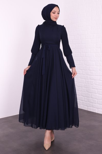 İncecik Piliseli Manşet Detaylı Elbise Lacivert
