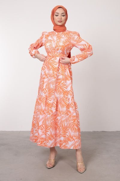 Palmiye Desenli Uzun Poplin Tesettür Elbise Turuncu