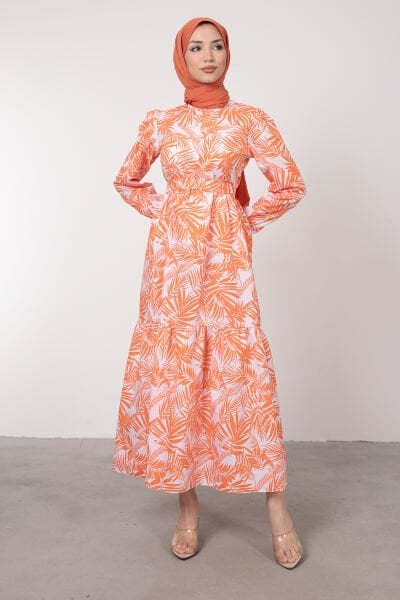 Palmiye Desenli Uzun Poplin Tesettür Elbise Turuncu
