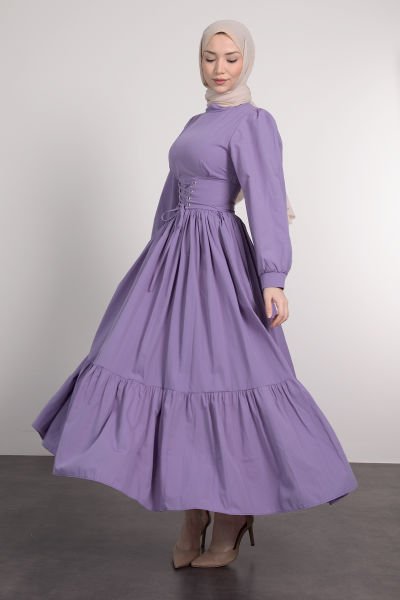 Beli Çapraz Bağcıklı Vintage Tesettür Elbise Lavanta