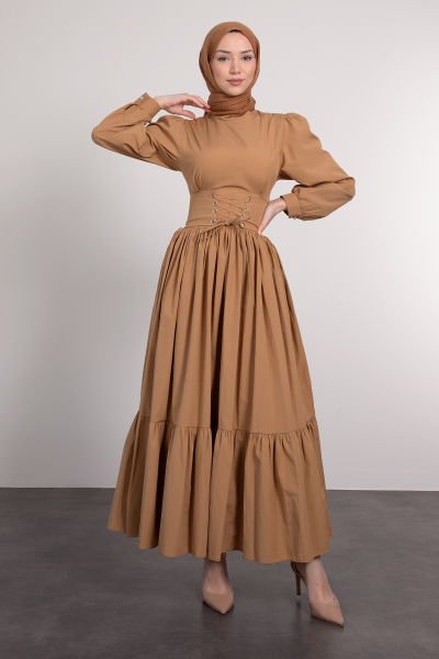 Beli Çapraz Bağcıklı Vintage Tesettür Elbise Tarçın