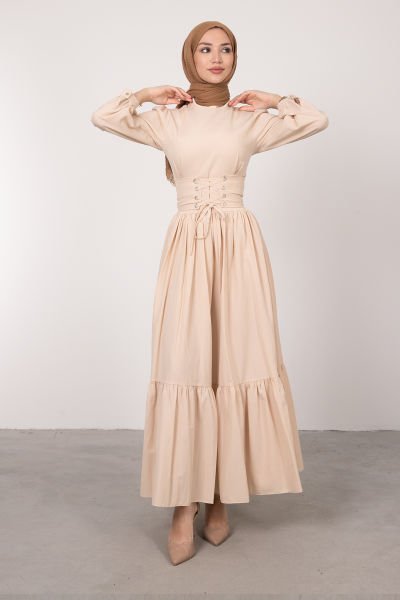 Beli Çapraz Bağcıklı Vintage Tesettür Elbise Buğday