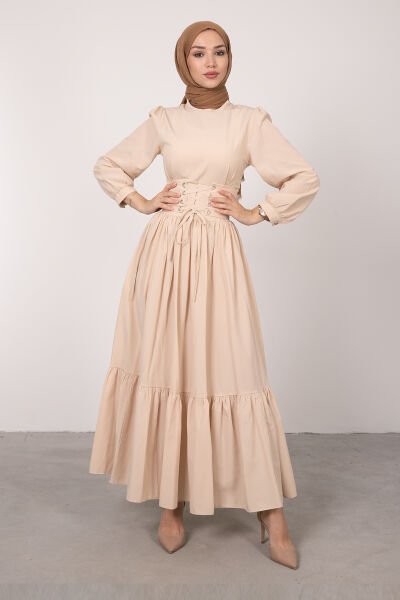 Beli Çapraz Bağcıklı Vintage Tesettür Elbise Buğday