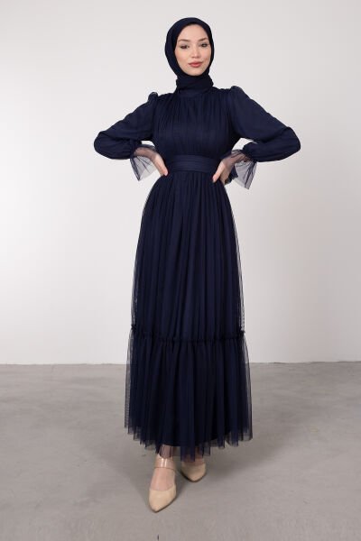 Boydan Tül Kat Fırfırlı Tesettür Elbise Lacivert