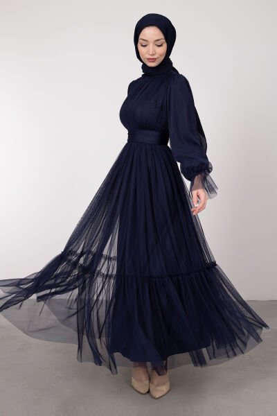 Boydan Tül Kat Fırfırlı Tesettür Elbise Lacivert