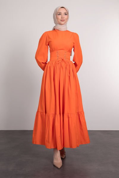 Beli Çapraz Bağcıklı Vintage Tesettür Elbise Portakal