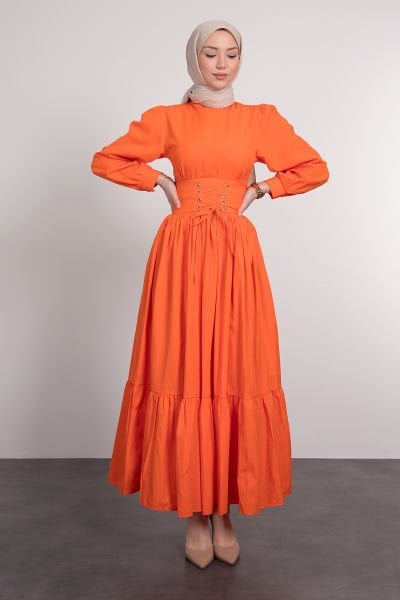 Beli Çapraz Bağcıklı Vintage Tesettür Elbise Portakal