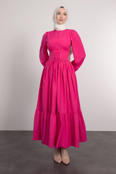 Beli Çapraz Bağcıklı Vintage Tesettür Elbise Neon Pembe