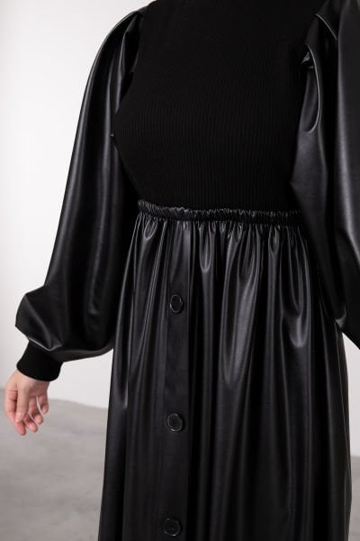 Triko Detaylı Deri Tesettür Elbise Siyah