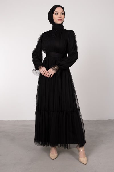 Boydan Tül Kat Fırfırlı Tesettür Elbise Siyah