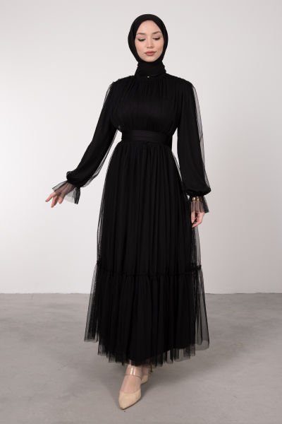 Boydan Tül Kat Fırfırlı Tesettür Elbise Siyah