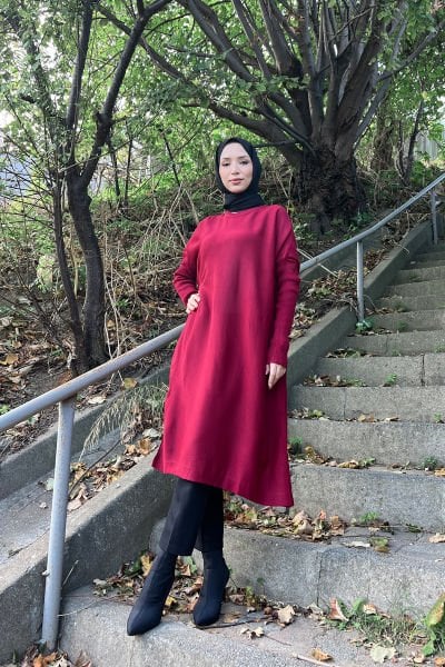 Oversize Kesim Rahat Kalıp Tesettür Triko Tunik Bordo