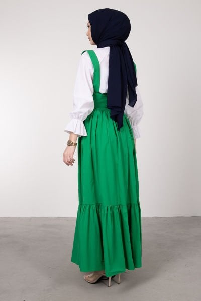 Beli Çapraz Bağcıklı Tesettür Salopet Elbise Çim Yeşili