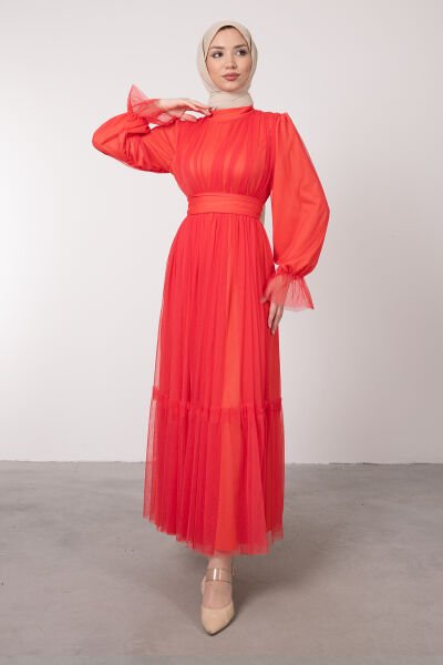 Boydan Tül Kat Fırfırlı Tesettür Elbise Neon Turuncu