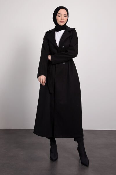 Klasik Model Ceket Yaka Uzun Tesettür Kaşe Kaban Siyah