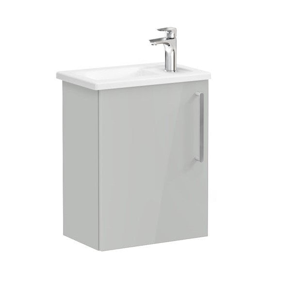 Vitra Root 66346 Lavabo Dolabı, Kapaklı, 45 Cm, Kompakt, Sağdan Armatür Delikli, Parlak İnci Grisi, Köşeli Lavabolu, Sol