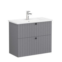 Vitra Root Groove 69249 Lavabo Dolabı, Çift Çekmeceli, Dar, 80 Cm, Mat Gri, Köşeli Lavabolu