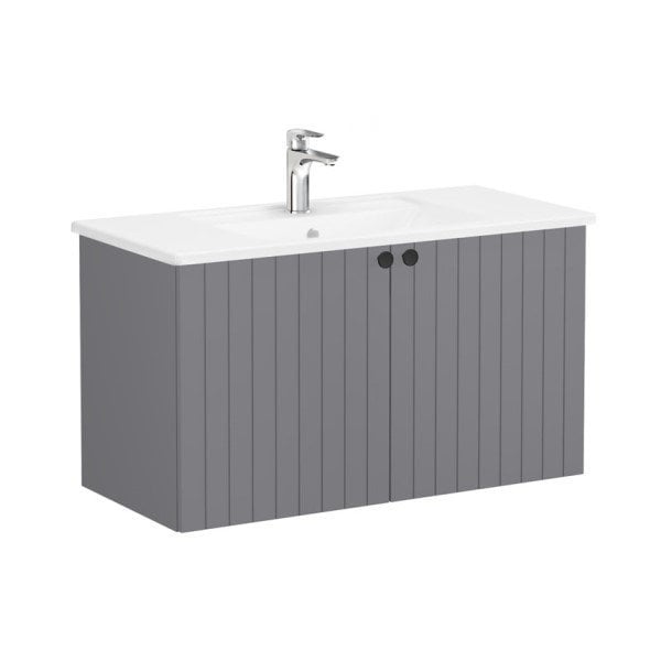 Vitra Root Groove 69305 Lavabo Dolabı, Kapaklı, 100 Cm, Mat Gri, Köşeli Lavabolu