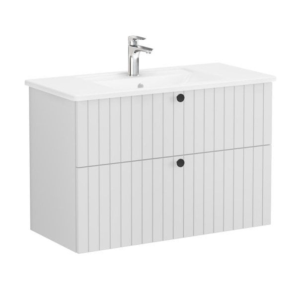 Vitra Root Groove 69451 Lavabo Dolabı, İki Çekmeceli, 100 Cm, Mat Açık Gri, Köşeli Lavabolu