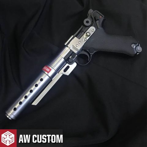 AW Custom 6'' Luger P08 BULL BARREL Gas Blowback Airsoft Tabanca - Gümüş - Siyah