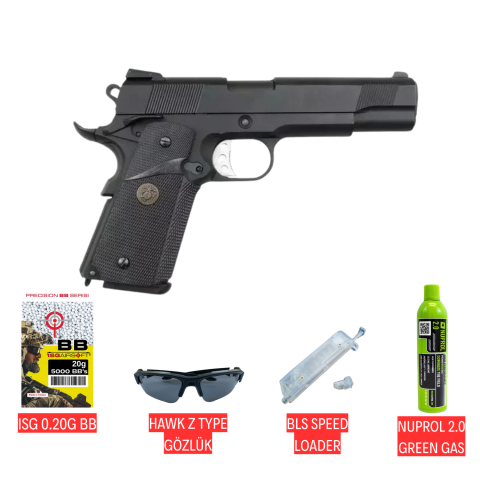 WE 1911 MEU RAIL SİYAH AIRSOFT TABANCA SETİ