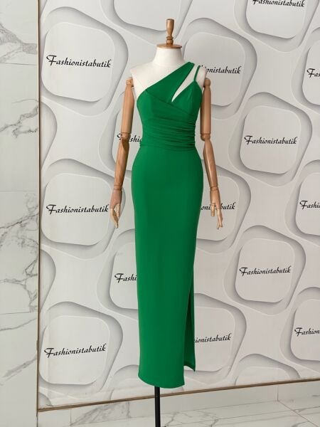 Omuz & yırtmaç detay elbise - Yeşil