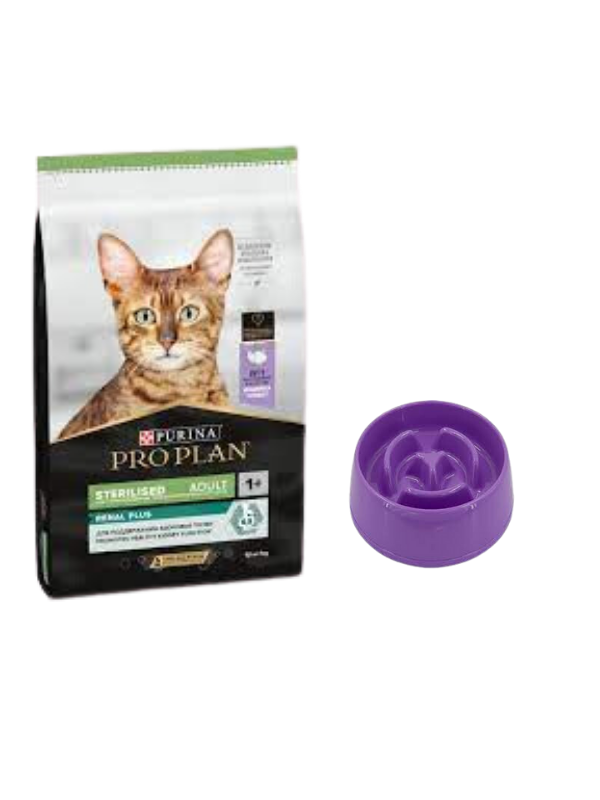 Pro Plan Sterilised Hindi Etli Kısırlaştırılmış Yetişkin Kedi Maması 10 Kg, Yavaş Yeme Mama Kabı 175 Ml.