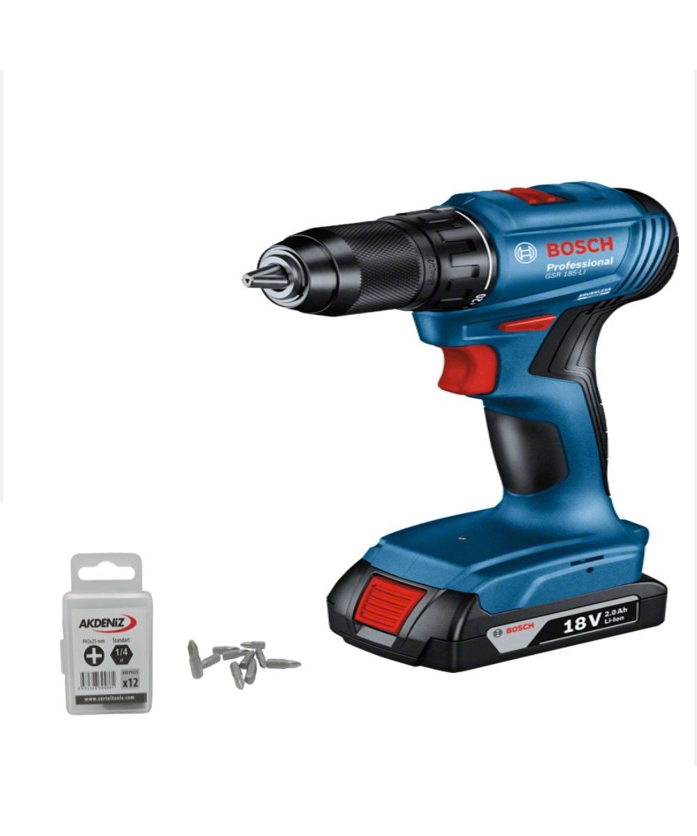 Bosch Professional GSR 185-Li 2Ah Çift Akülü Delme/Vidalama Makinesi - 06019K3000+Akdeniz AKD/225 1/4 Yıldız Bits Uç PH2x25 MM 12 Adet