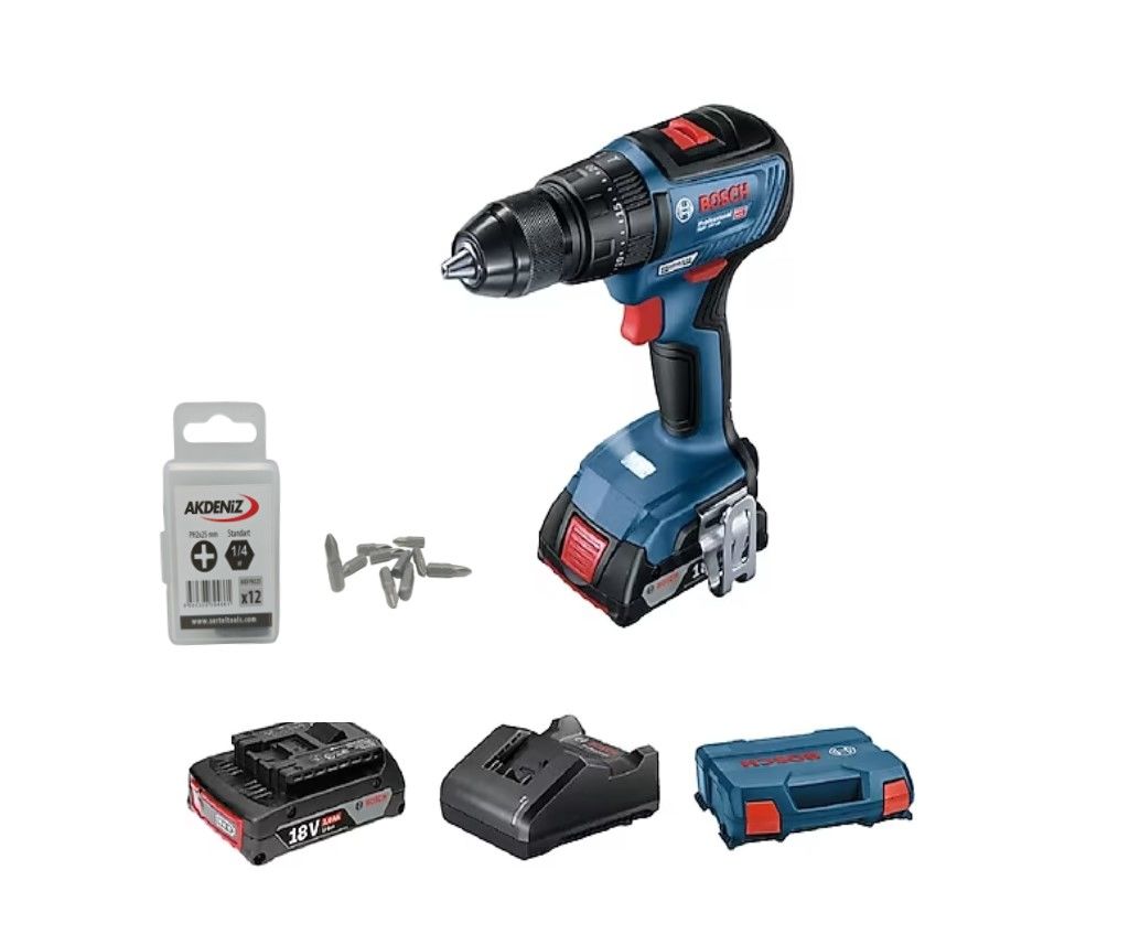 Bosch Professional GSB 18V-50 2x2Ah Çift Akülü Darbeli Delme-Vidalama Makinesi - 06019H5100+AKDENİZ AKD/225 1/4 YILDIZ BİTS UÇ PH2x25 MM 12 Adet