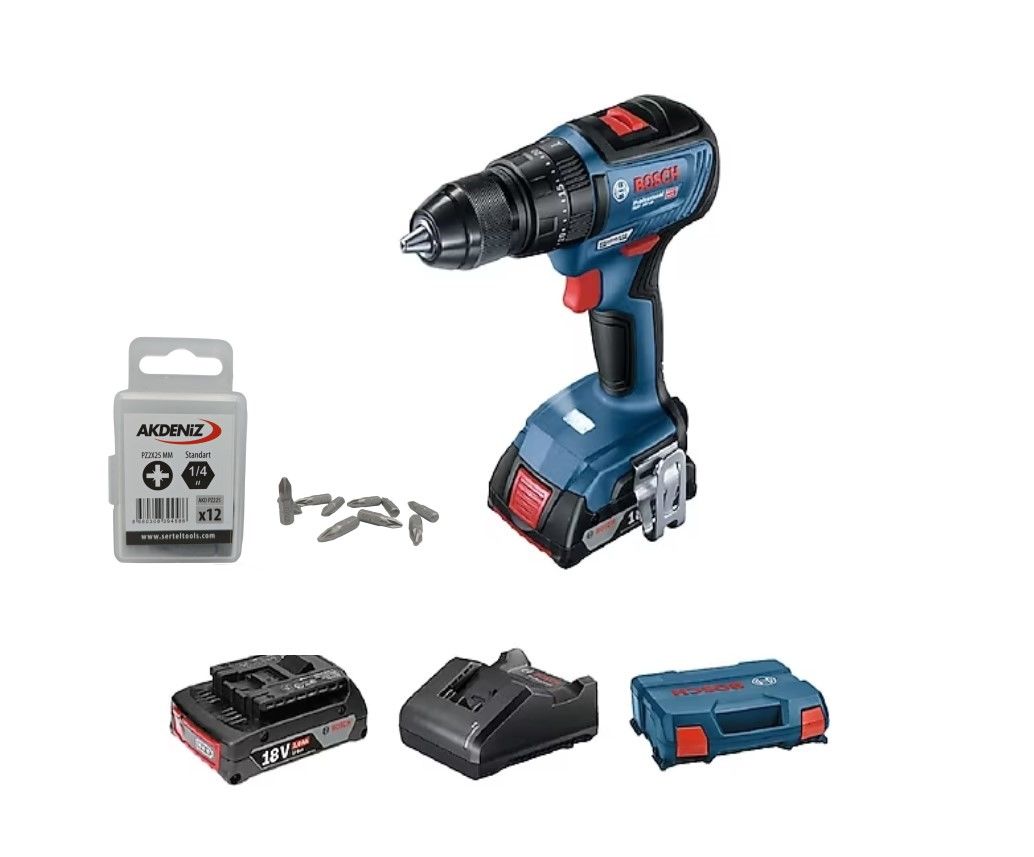 Bosch Professional GSB 18V-50 2x2Ah Çift Akülü Darbeli Delme-Vidalama Makinesi - 06019H5100+Akdeniz AKD/225 1/4 Yıldız Bits Uç PZx25 MM 12 Adet