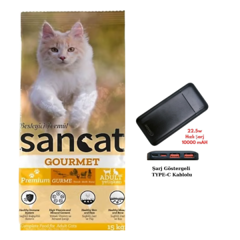 Sancat Gurme 15 kg Yetişkin Kedi Maması+Akdeniz Taşınabilir Şarj Cihazı (Model: S125Q)