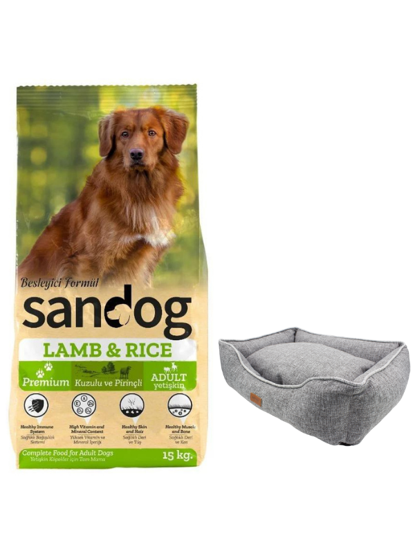 Sandog Premium Lamb&Rice Yetişkin Köpek Maması 15 Kg, Mia Gri Premium XL Yatak