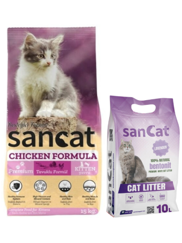 Sancat Premium Tavuklu Yavru Kedi Maması 15 Kg, Lavanta Kokulu Kedi Kumu 10 Lt.