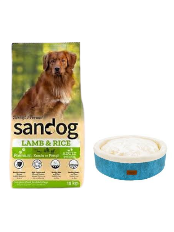 Sandog Premium Lamb&Rice Yetişkin Köpek Maması 15 Kg, Mavi Mia Donut Yatak