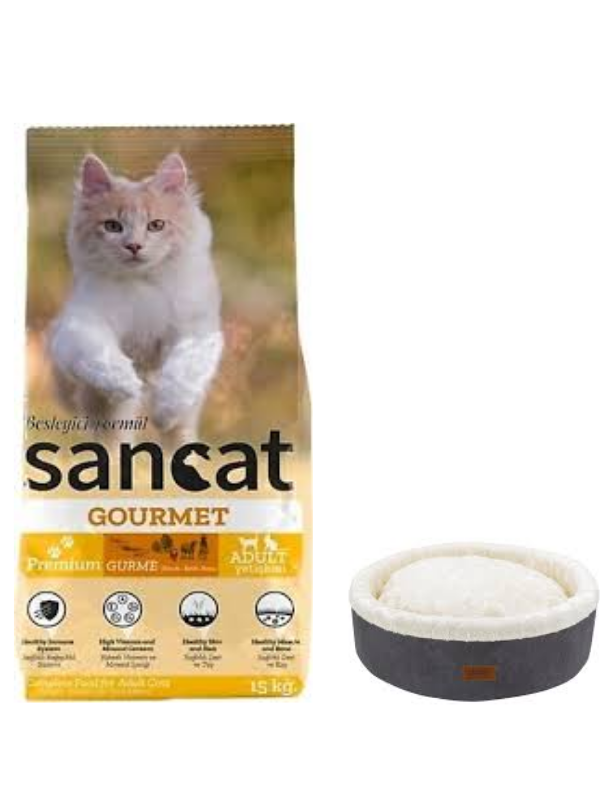 Sancat Premium Gurme Yetişkin Kedi Maması 15 Kg,Gri Mia Donut Yatak