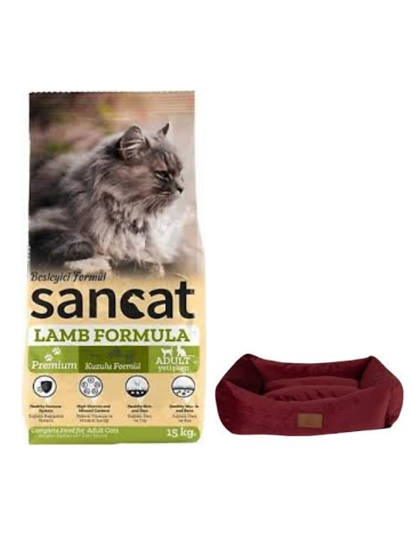 Sancat Premium Kuzulu Yetişkin Kedi Maması 15 Kg,Mini Small Bordo Yatak