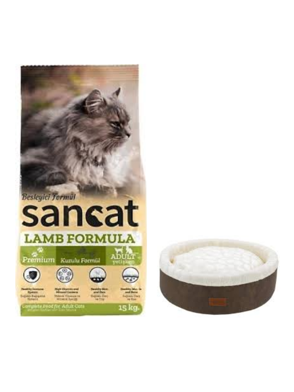 Sancat Premium Kuzulu Yetişkin Kedi Maması 15 Kg,Kahve Mia Donut Yatak