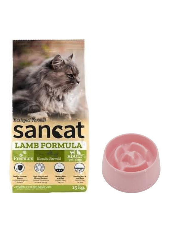 Sancat Premium Kuzulu Yetişkin Kedi Maması 15 Kg,Yavaş Yeme Mama Kabı 375 Ml.
