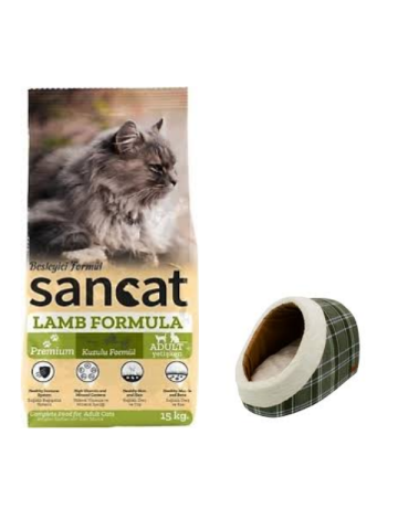 Sancat Premium Kuzulu Yetişkin Kedi Maması 15 Kg,Mia Alaska Ekose Yeşil Yatak