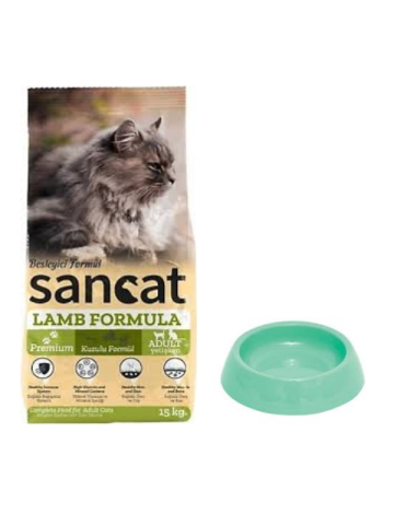 Sancat Premium Kuzulu Yetişkin Kedi Maması 15 Kg,Yuvarlak Su ve Mama Kabı