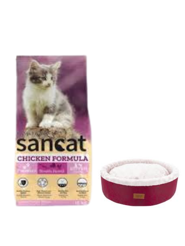 Sancat Premium Tavuklu Yavru Kedi Maması 15 Kg,Bordo Mia Donut Yatak