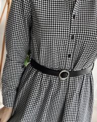 Yarım Düğme Eteği Kat Detaylı kemerli Orj Elbise