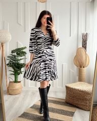 Kruvaze Beli Lastikli Zebra Elbise 2917