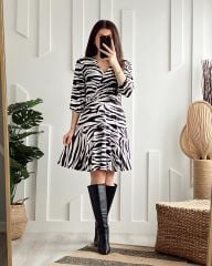 Kruvaze Beli Lastikli Zebra Elbise 2917