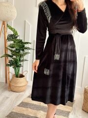 Zincir Detay Kadife Elbise Siyah
