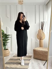 Yaka Fermuarlı Triko Elbise Siyah