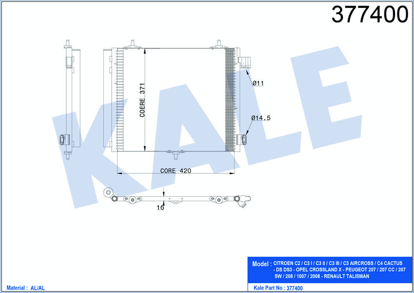 KLIMA RADYATORU C2 C3 C3 II C3 PLURIEL C3 III DS3 P208 P207 P1007 P2008 OLCU: (420×374×16)