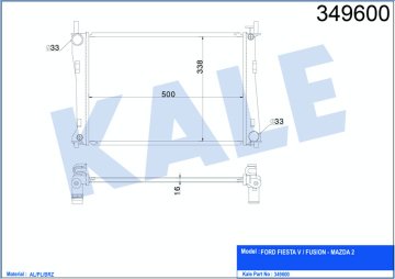 MOTOR SU RADYATORU FIESTA V FUSION 01>08 1,25 1,4 16V / 1,6 16V MAZDA II 1,4 16V / 1,6 16V 02 /> OLCU: (500×358×16)