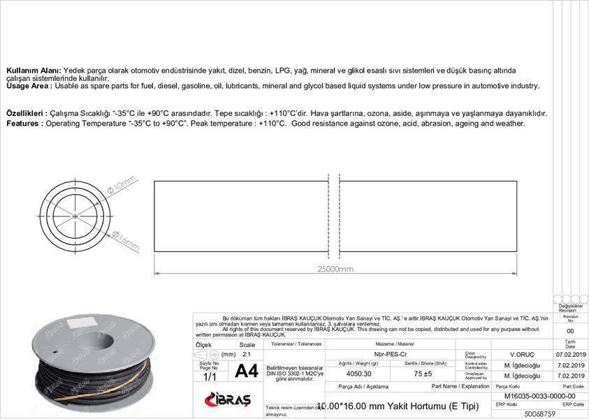 İÇTEN ÖRGÜLÜ BENZİN YAKIT HORTUMU 10.0 mm x 16.0 mm (NBR-CR-E TİPİ-MAKARALI)